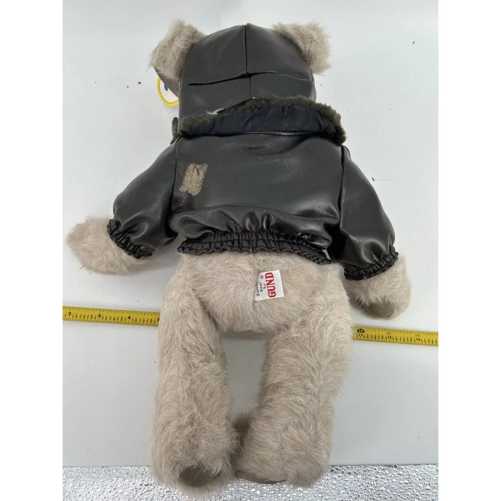 VTG Gund Aviator Teddy Bear Plush Stuffed Animal Black Leather Jacket & Hat